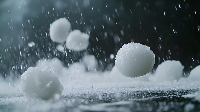 Close-up of large hailstones falling during a hailstorm, showcasing the intense weather and texture of the ice