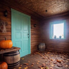 haunted hut covered in eerie Halloween decorations, captured in a full shot with a soft focus. The eye-level perspective creates an immersive, lifelike scene in a realistic photo style