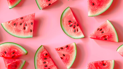 Juicy watermelon pieces seamless pattern background  image. Summertime fruit for healthy nutrition top view photo backdrop wallpaper realistic. Fresh snacks concept photorealistic