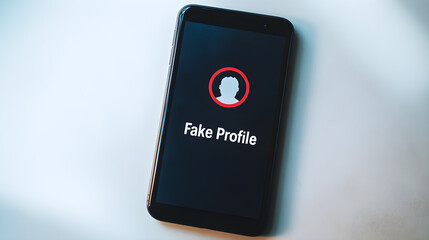 A high-contrast photo of a smartphone displaying a fake profile on the screen, highlighting digital identity issues and online privacy concerns
