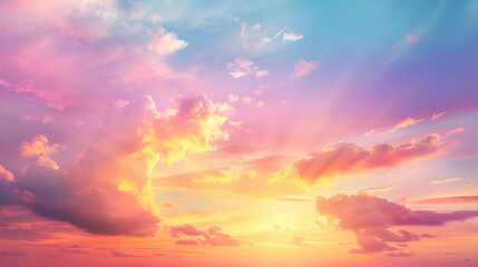 Fototapeta premium Dreamy Pastel Sky with Golden Rays and Fluffy Clouds, Softly Illuminated with a Warm Glow, Perfect for a Background or Abstract Art