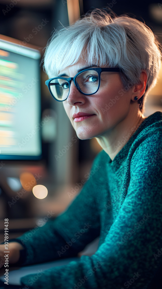 Poster a middle-aged white female programmer with short white hair and glasses focused on coding at a compu