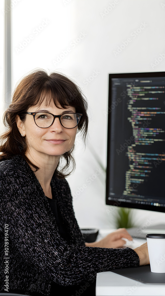 Poster a middle-aged white female engineer sits at her desk, confidently looking at the camera while workin