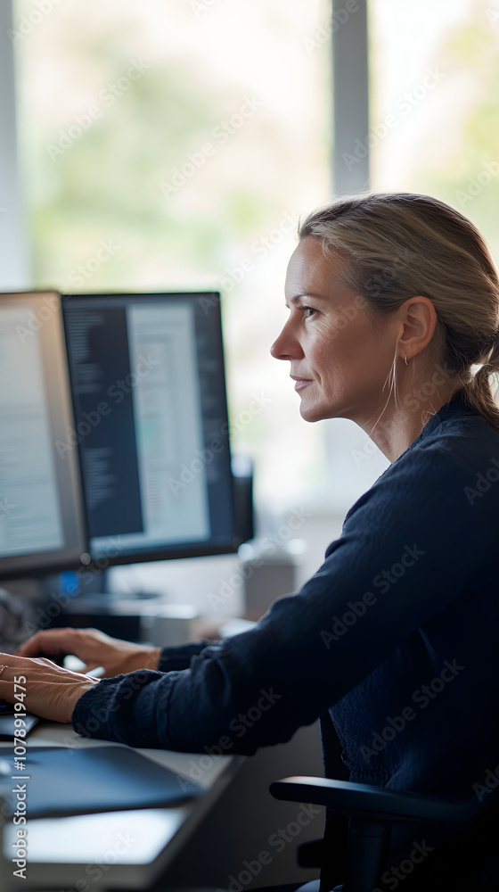 Poster a focused middle-aged caucasian female engineer works at her desk, typing on a computer while analyz