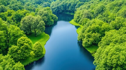 Aerial View of Lush Green Forest Surrounding a Peaceful River - Promoting Carbon Trading and Support for Renewable Energy Initiatives