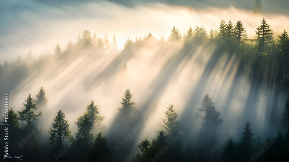 Poster serene image of morning fog rolling over a dense forest, creating a mystical atmosphere with soft li
