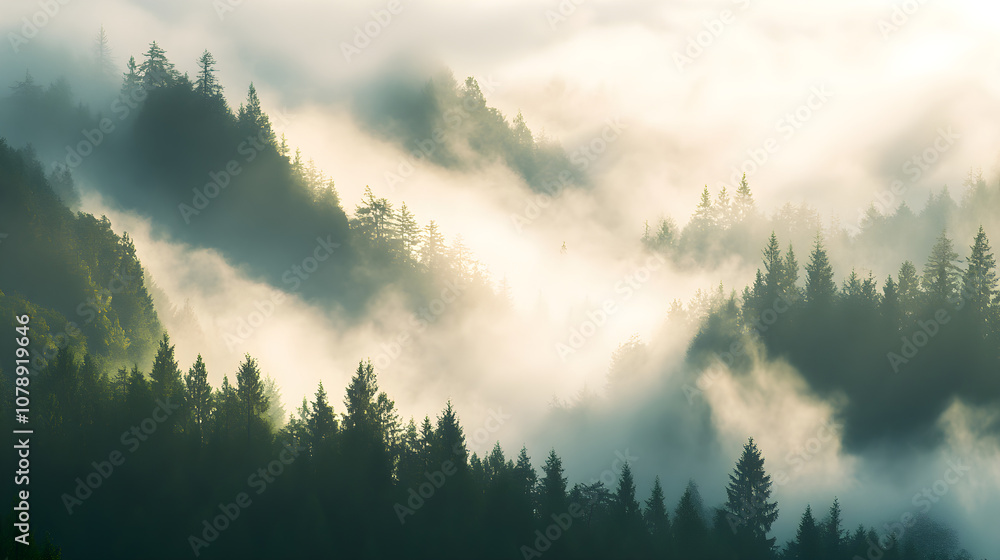 Poster serene image of morning fog rolling over a dense forest, creating a mystical atmosphere with soft li