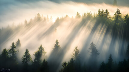 Serene image of morning fog rolling over a dense forest, creating a mystical atmosphere with soft light filtering through the trees