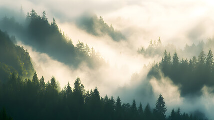 Fototapeta premium Serene image of morning fog rolling over a dense forest, creating a mystical atmosphere with soft light filtering through the trees