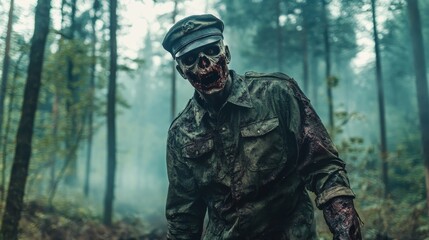 Fototapeta premium Zombie in old military uniform, stands in the deep forest with fog. 