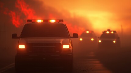 Emergency vehicles illuminate the smoky landscape at sunset, highlighting the tension and urgency of the moment.