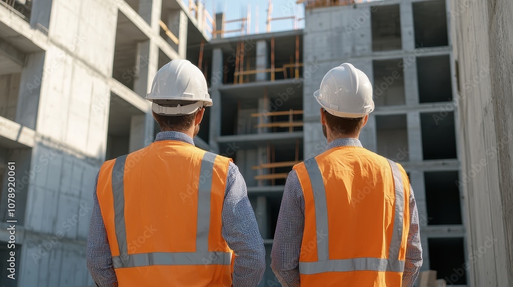 Poster two construction workers in safety gear observe a building under construction, focusing on progress 