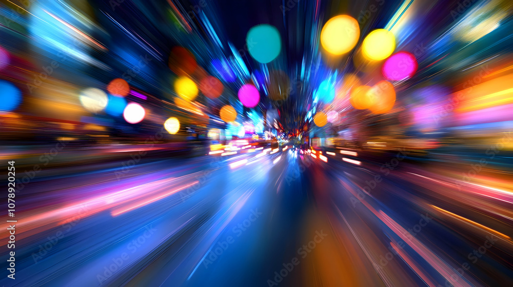Poster Abstract Blurred Lights Streaks of Color and Bokeh in a Fast-Moving Nighttime Cityscape, Creating a Sense of Excitement and Motion