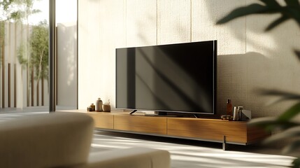 Modern television mockup on a wooden console with decorative items in a bright room