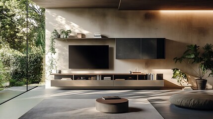 Television mockup on a floating wall unit in a minimalistic home with plants and books