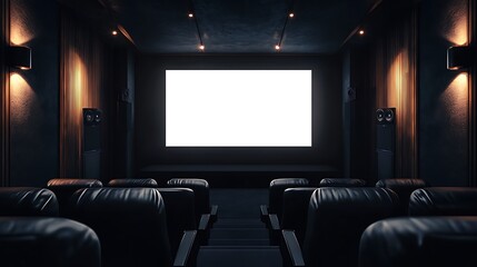 Television mockup with blank screen in a high-tech media room with sound system and dark walls