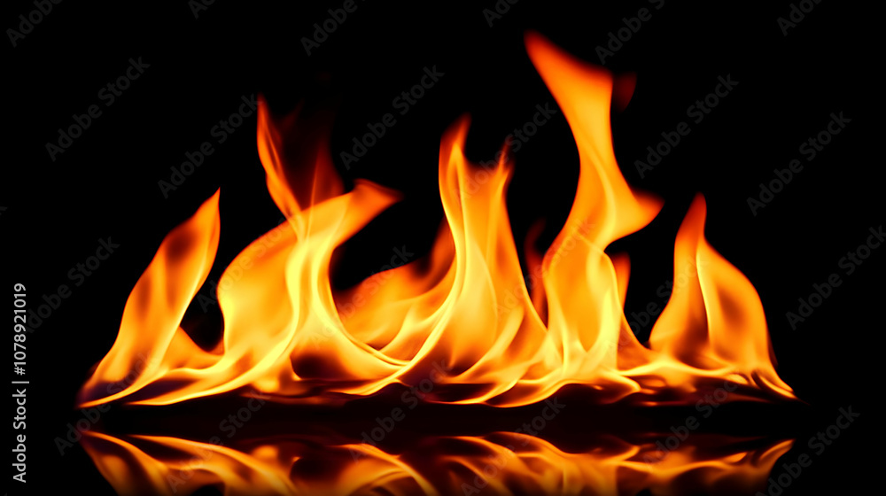 Poster flames dancing with a reflective surface in a black background abstract image