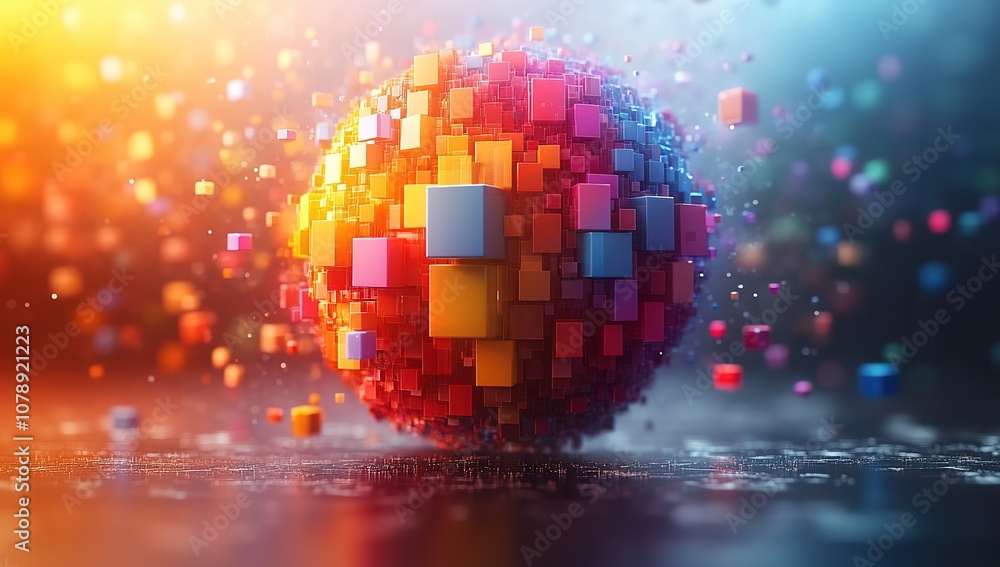Poster abstract sphere of colorful cubes, a 3d rendering.