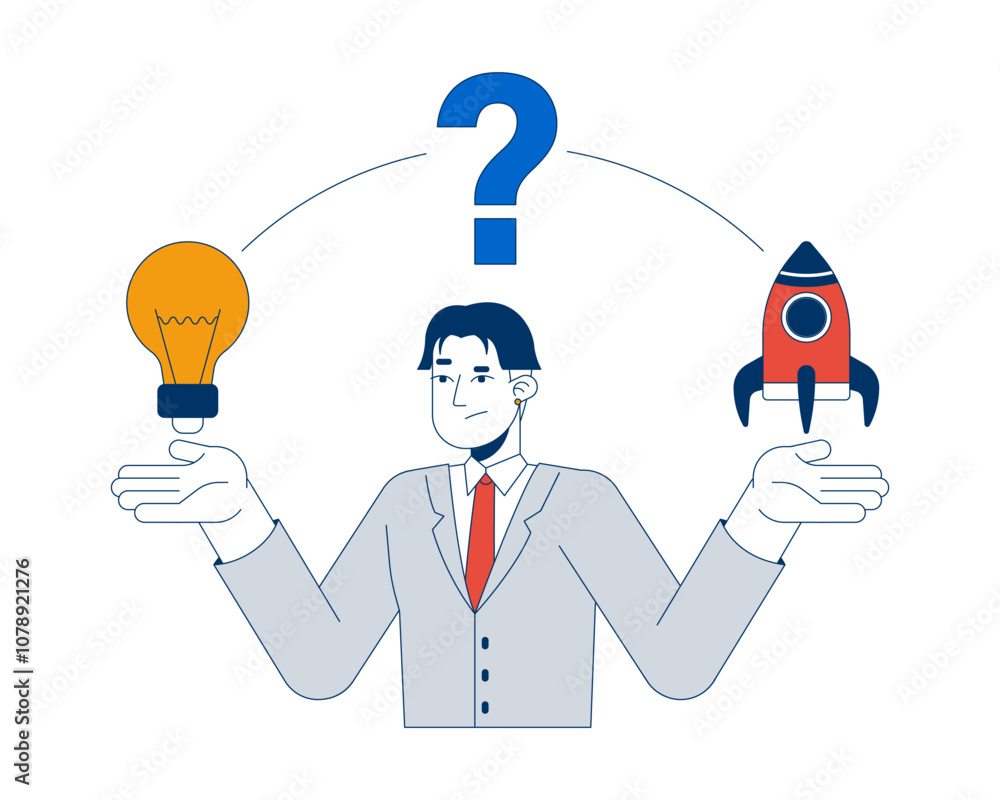 Poster searching for way to turn ideas into reality 2d illustration concept. doubting japanese businessman 