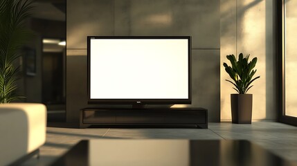 Television mockup with blank screen on a sleek TV stand in a contemporary lounge area