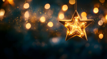 A Golden Star Ornament Hanging with a Sparkling Bokeh Background, Creating a Festive and Magical Atmosphere