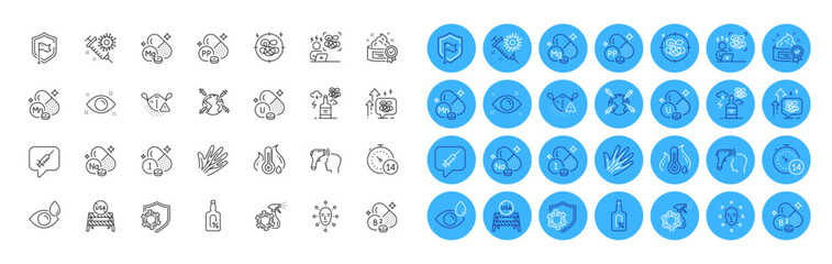 Alcohol free, Coronavirus vaccine and Magnesium mineral line icons pack. Niacin, Health eye, Face biometrics web icon. Cream, Iodine mineral, Shield pictogram. Alcohol addiction. Vector