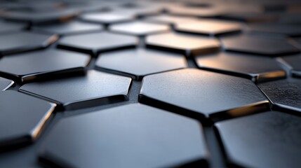 Obraz premium A close-up view of interlocking hexagonal tiles with a sleek finish, showcasing a modern design and reflective surface, creating a geometric pattern.