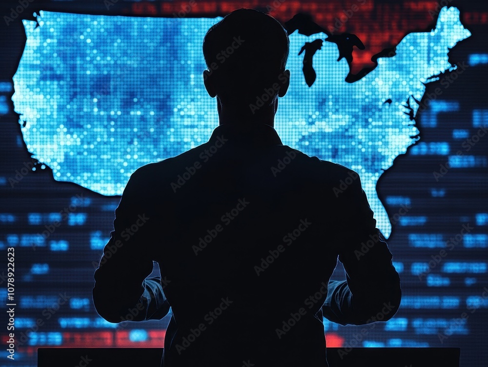 Poster a silhouette figure analyzing a digital map of the united states, surrounded by glowing data streams