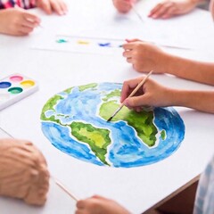 extreme macro shot of multiracial kids at school painting earth planet with environment using...