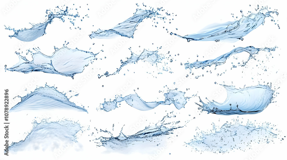 Poster a collection of water splashes and waves isolated on a white background for graphic design and creat