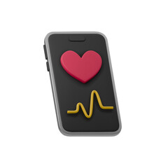 3D vector illustration of a smartphone screen displaying heart icon and an ECG line, representing health monitoring and fitness tracking. Ideal for medical, fitness, or health tech designs