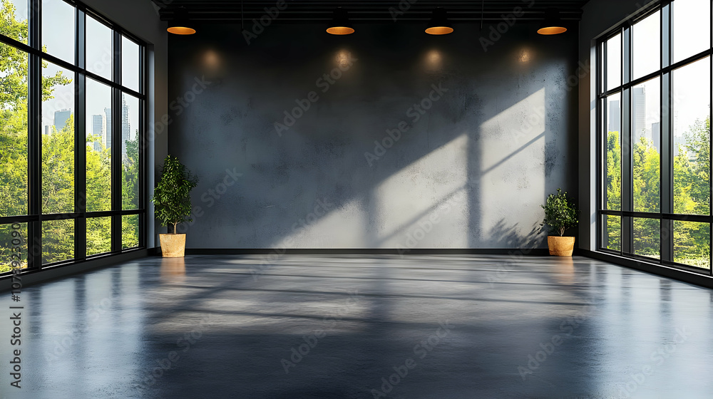 Poster a modern minimalist room with concrete walls and large windows overlooking a cityscape with sunlight