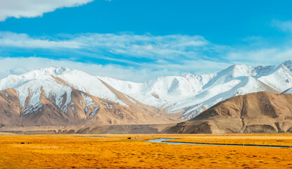 Beautiful autumn scenery of Muji Wetland, Muji River, and Chamu Section Road in Kashgar region,...