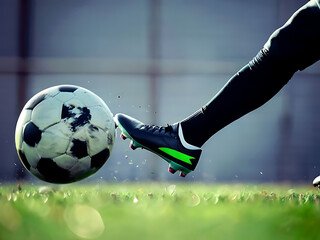 Ai generated side view of football boot kicking a soccer ball - Kicking soccer ball, football