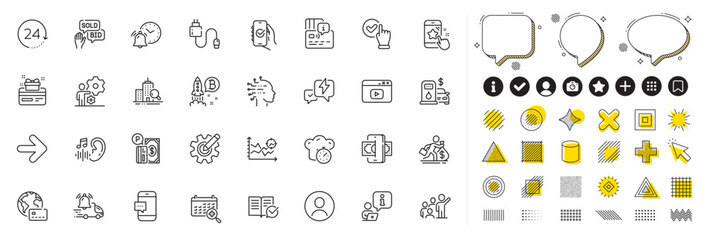 Set of Internet pay, Headshot and Lightning bolt line icons for web app. Design elements, Social media icons. Phishing, Alarm clock, Artificial intelligence icons. Vector