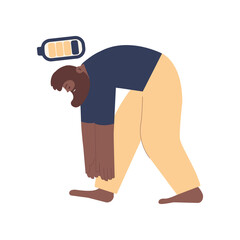 Laziness, Fatigue, Apathy, Depression Concept. Tired male suffering under the weight of problems and obligations. Low battery icon. Modern vector illustration