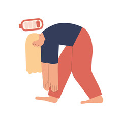 Laziness, Fatigue, Apathy, Depression Concept. Tired female suffering under the weight of problems and obligations. Low battery icon. Modern vector illustration