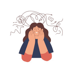 Mental disorders illustration. Frustrated woman with nervous problem feel anxiety and confusion of thoughts. Female with anxiety touch head surrounded by thoughts. Vector flat illustration