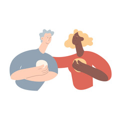 Empathy and friendship concept. Female comforting her male sad friend. Woman supports male with psychological problems. Modern vector flat illustration