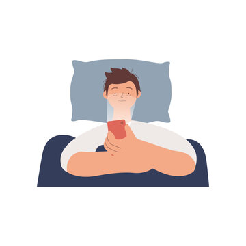 Young man suffers from insomnia. Mental problems. Male lying in bed, using and scrolling cellphone, can not relax. Modern vector illustration isolated on white background