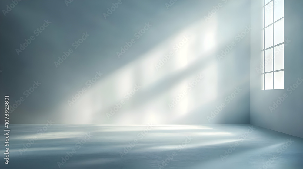 Poster a minimalist room with a window casting light and shadow on a grey floor