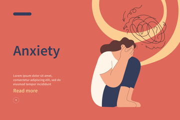 Mental disorders website concept. Frustrated woman with nervous problem feel anxiety and confusion of thoughts, closing face with palms in despair. Vector flat illustration