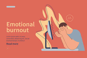 Emotional burnout syndrome website concept. Man in stress under pressure, unhappy emoji, office desk, fire on the background. Frustrated worker, mental disorder. Modern vector flat illustration