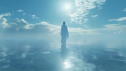 Fototapeta premium Jesus walking on clear, tranquil water, his reflection below showing an angelic figure glowing softly, gentle blue tones in the water and sky, a scene of divine serenity and peace 
