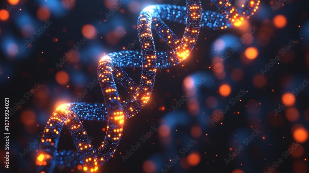 Poster glowing dna helix against a dark background with bokeh.