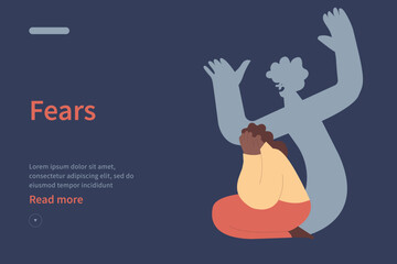 Fear website concept. Insecurities haunting you. Woman scared of ghost evil coming out of herself, insecurities, pressure. Huge fear shadow. Modern flat vector illustration