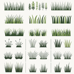 
A detailed vector collection featuring various types of grass, including lush green blades, ornamental grass clusters, and minimalist grassy patches. Ideal for landscaping, nature, or eco-themed desi