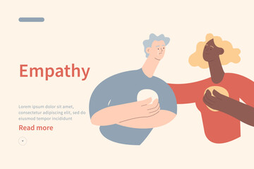 Empathy and friendship website concept. Female comforting her sad male friend. Woman supports male with psychological problems. Modern vector flat illustration