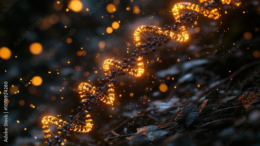 Poster glowing dna helix in dark background with bokeh.