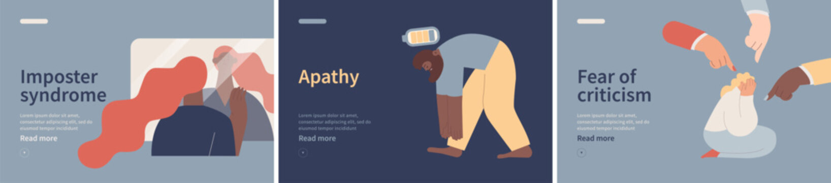Collection of banners. Imposter syndrome, Apathy, Fear of criticism. Mental disorders. Modern flat vector illustrations